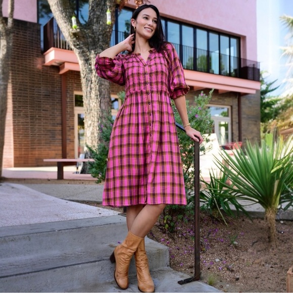 NEW! Uncle Frank By Ivy Jane BLUSHING PINK BERRY Plaid Gauze Smocked Dress SZ L - Picture 2 of 4